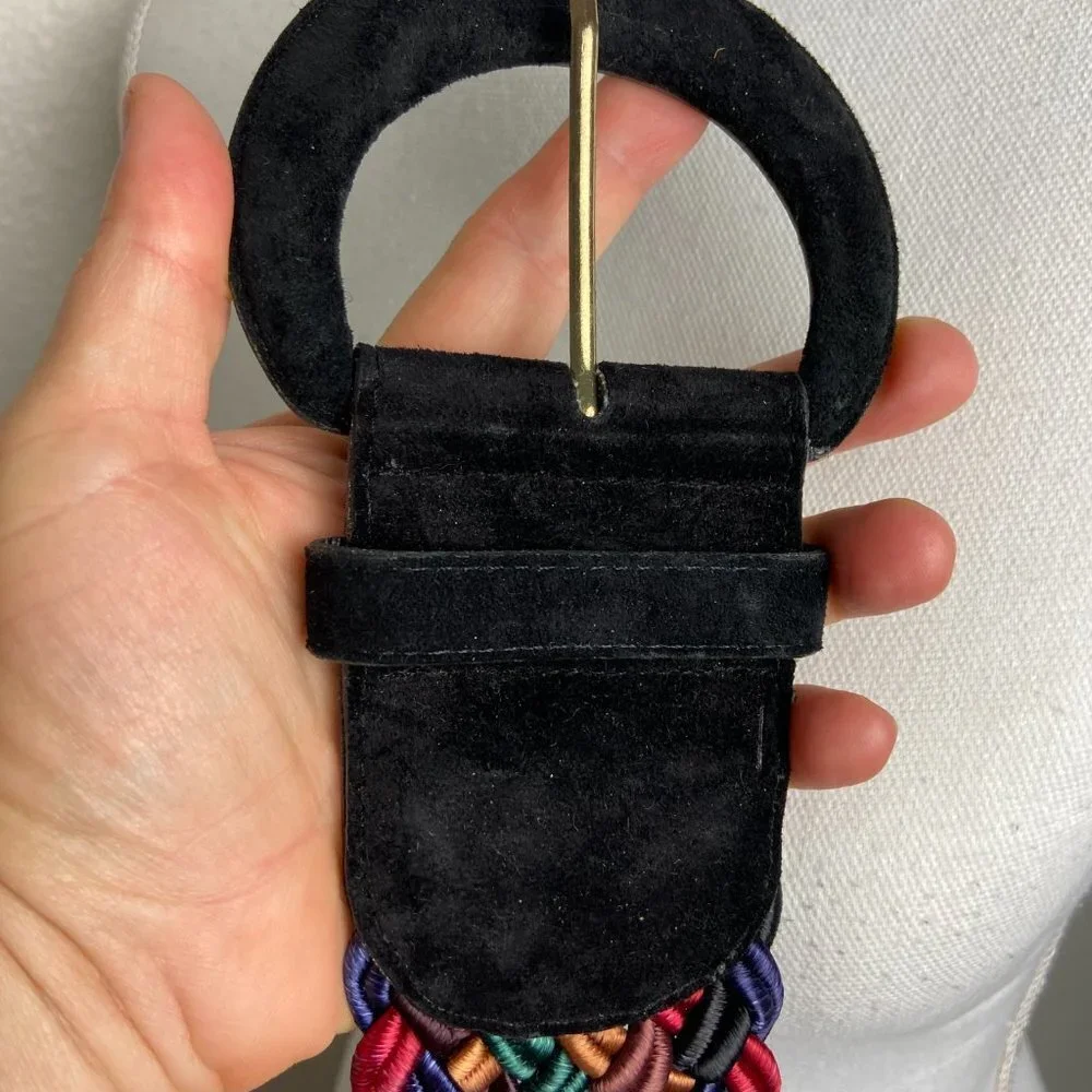 Vintage 80s/90s Wide Braided Belt Leather & Rayon Stretchy Size M